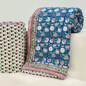 Reversible bloque de mano estampado indio Jaipuri edredón hecho a mano algodón suave manta decoración colcha jardín Kantha tiro Rey reina - Product Image 1
