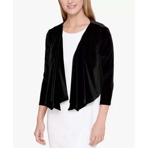 Cardigan ouvert en velours pour femme Tommy Hilfiger, à manches longues, pull formel avec ourlet à volants, noir, taille L, pour l'hiver - Product Image 1