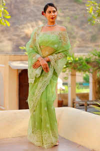 Saree en organza de soie de travail de broderie indienne de luxe avec pièce de chemisier pour les femmes pour la fête porter un mariage dans le Style Bollywood - Product Image 4