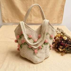 Lady Crochet Vintage Bohemian Style Tote Large-Capacity Open Closure Cotton Fashionable Two <b>Straps</b> <b>Shoulder</b> Beach Vacation Bag - Product Image 3