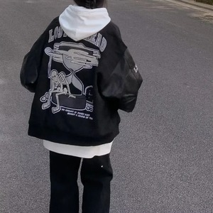 American Style Embroidered Lapel Baseball Cap Splice Pu Leather <b>Jacket</b> for Men <b>Women</b> Casual Loose Fit <b>Jacket</b> - Product Image 2