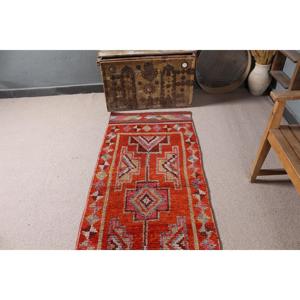 Vintage Turkish Rug, 2.5x10.2 ft Herki Rug, <b>Red</b> <b>Runner</b> Floral Rug - Product Image 3