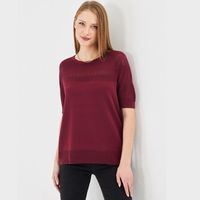 Blouse en maille ajourée à manches courtes pour femme - Pull de printemps à col rond ajouré - Haut en maille crochet doux et respirant pour femme
