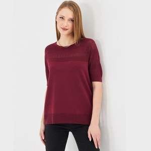 Blusa de punto calado de manga corta para mujer - Suéter de primavera con cuello redondo y diseño hueco - Top de punto de ganchillo suave y transpirable para damas - Product Image 1
