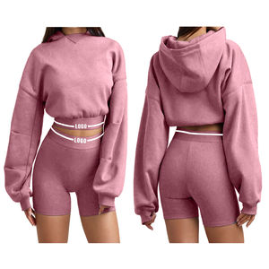 Ensemble sweat à capuche et short au-dessus du genou pour femme, automne-printemps, impression de logo personnalisée, streetwear uni, mélange polyester/coton, vêtements décontractés - Product Image 2