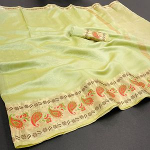 Traditionele Look Indian <span class=keywords><strong>Designer</strong></span> <span class=keywords><strong>Saree</strong></span> In Organza Zijde Met Weefwerk Rand Met Blouse Stuk - Product Image 6