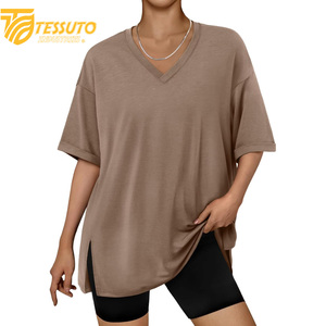 Camiseta básica de gran tamaño con logotipo estampado personalizado de peso pesado, camiseta de talla grande de alta calidad a la moda para mujer, Camiseta 100% de algodón con cuello en V - Product Image 2