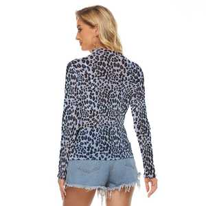 Camiseta de Manga Larga de Malla Transparente de Alta Calidad para Mujer, Estampado de Leopardo Azul, Ligera, Transparente, Ajustada - Product Image 4