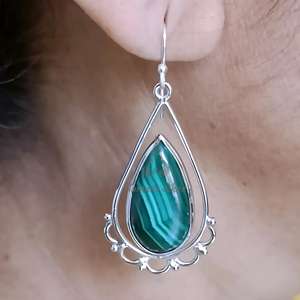Malachite <b>Earrings</b>, 925 <b>Sterling</b> <b>Silver</b> Natural Pear Shape Gemstone <b>Dangle</b> Jewelry - Product Image 4