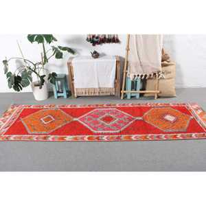 Alfombra Turca de 2.7x9.5 pies, Alfombra Vintage Tipo Runner, Alfombra con Estampado Animal Rojo Naranja - Product Image 3