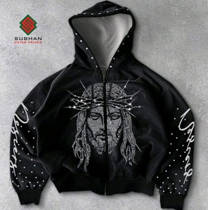 Mens <b>Black</b> Rhinestone Jesus Graphic <b>Zip</b>-Up <b>Hoodie</b> 100% Cotton Winter Waterproof Breathable Knitted - Product Image 1