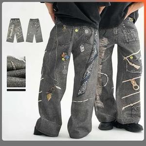 กางเกงยีนส์ขาตรงสไตล์สตรีทยีนส์พิมพ์ลายแฟชั่นผ้าคอตตอนแท้รุ่นเฮฟวี่เวท - Product Image 6