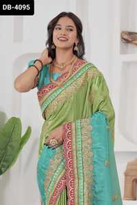 Saree en soie Chinon de style indien et pakistanais avec broderie Codding Design Work Heavy Saree Collections pour vêtements de mariage - Product Image 5