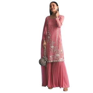 Traje de tejido rosa Kurta Sharara con corte Dana y Moti bordado trabajo para mujeres traje festivo de fiesta de boda india - Product Image 3