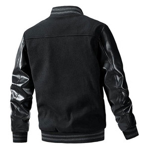 Men's Leather Lettermen Jacket Stand Collar Breathable Reversible <b>Button</b> Front Warm Inner Lining Casual Outerwear - Product Image 2