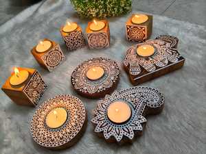 Soporte de luz de té de madera tallada a mano | Portavelas con estampado de bloques indios | Regalo de Diwali y decoración festiva del hogar - Product Image 4