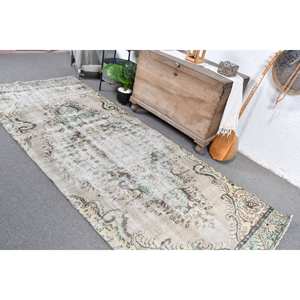 Alfombra turca hecha a mano Vintage 4,1X9,8 pies Beige verde Rectangular Aubusson diseño para sala de estar pasillo perfecto como alfombra de noche - Product Image 4