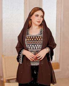 Ensemble Abaya Caftan Musulman Modeste Simple Uni 2 Pièces Manches Longues en Chiffon 100% Polyester avec Ornements Perlés et Pailletés - Product Image 5