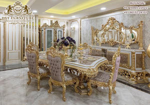 Ensemble de table à manger en teck moderne au design rococo royal blanc or, meubles élégants pour salle à manger, taille personnalisée - Product Image 5