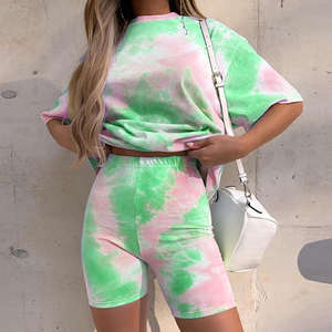 Tie Die Trajes de manga corta O Neck Ladies Causal Women Top Shorts Flaco Conjuntos de dos piezas Loungewear Camisetas para mujeres - Product Image 1