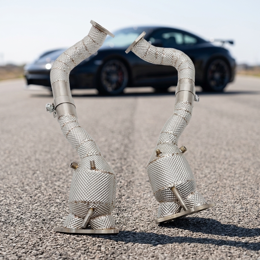 VantaFlow Raw Finish With Heat Shield Three-way Catted Downpipe for Porsche 718 Cayman GT4 4.0L 2020-2025