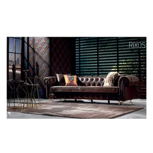 Hot Sale Leather Chesterfield Sofa Sets Buttoned Distressed Leather Living Room Cheap 1+2+3 Seaters