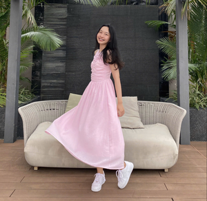 Vestido Midi de Satén Rosa sin Tirantes con Logotipo Personalizado, Corte en A, Ajuste Holgado, Cintura Imperio, Vestido Casual de Verano, Tela de Lino - Product Image 1