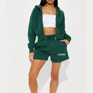 Acheter en gros 2025 ensembles de survêtements femmes mode col rond manches longues couleur unie décontracté haut veste à capuche ensemble short et short - Product Image 6