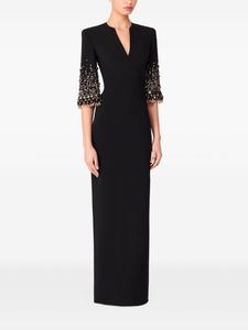 Robe sirène sexy à silhouette élégante pour adultes, manches longues, découpes brodées, longueur au sol, perles sur le devant, crêpe naturel - Product Image 4