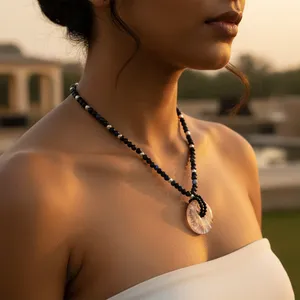 "Black <b>Onyx</b> & Pink Diamond Geometric Pendant Strand <b>Necklace</b> for Women-Wedding Party Engagement" - Product Image 2