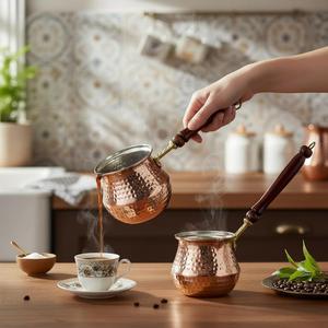 Ensemble de 3 pièces vintage en cuivre pour cafetière, traditionnel pour le thé, vaisselle automatique durable en laiton, verre, céramique, plastique, métal - Product Image 6