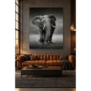 Impression sur toile d'éléphant noir et blanc marchant vers l'avant de Fida - Product Image 3
