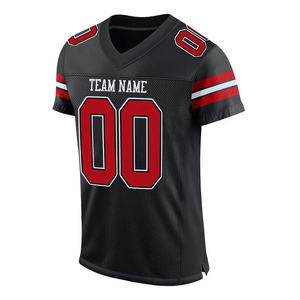 Maillot de football noir personnalisé avec bordure rouge, nom et numéro personnalisés, uniforme d'équipe, maille respirante, manches courtes, vêtements de sport, approvisionnement en gros - Product Image 1