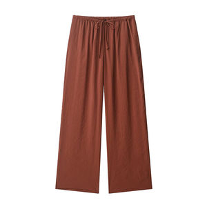 Pantalon long décontracté en tissu tissé à taille mi-haute avec cordon de serrage, respirant, pour l'été, couleur marron, pour femmes, OEM - Product Image 6