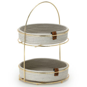 Natural Rattan 2-<b>Tier</b> Serving <b>Tray</b> & Stand Dessert Fruit Snack Display Tabletop Organizer Modern Portable - Product Image 1