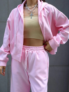 เสื้อแจ็คเก็ตแทรคสูทผู้หญิงแบบโอเวอร์ไซส์ผ้าคอตตอนผสม พิมพ์โลโก้ตามสั่ง พร้อมกางเกงแทรคขาบาน เสื้อฮู้ดดี้ เสื้อผ้าฤดูหนาวสำหรับผู้หญิง - Product Image 3