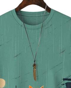 T-shirt personnalisé pour homme, imprimé graphique de chat vert, streetwear artistique, coton, manches courtes, décontracté, surdimensionné, scène nocturne urbaine, t-shirt tendance - Product Image 4