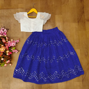Shoryam Fashion Girls Blue Party Wear <b>Lehenga</b> Choli | Stylish White Organza <b>Top</b> Sequined Chevron Pattern Floor-Length Skirt - Product Image 2