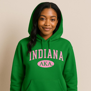 Sudadera con Capucha AKA Indiana State, Color Verde Kelly y Rosa, con Estampado Gráfico, Personalizada para Hermandades Griegas - Product Image 6