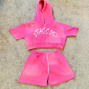 Acid Wash Men Embroidered Summer Drawstring Crop <b>Hoodie</b> Shorts Set Full Sleeve Zipper <b>Hoodie</b> with Scrunch Waist Short Set - Product Image 3