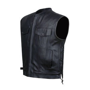 <b>Vintage</b> Style Genuine Leather Vest for Men Casual Sleeveless Winter Outerwear with Covered Button Closure and Front Pockets OEM - Product Image 4