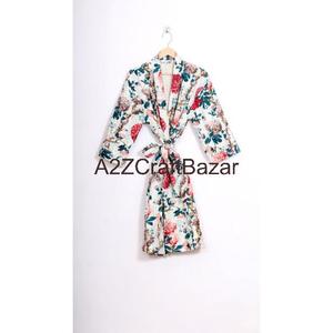 New Arrival Women's Luxury Vintage Short <b>Kimono</b> <b>Robe</b> 100% Cotton Patchwork Floral Pattern V-Neck Three-Quarter Sleeve Drawstring - Product Image 5