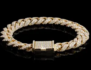 古巴链钻石手链真正实心10k白色/玫瑰/黄金花朵镶嵌钻石男士手链10毫米12毫米古巴链