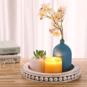 Round <b>Rustic</b> <b>Wood</b> Beaded Tray Handcrafted Farmhouse Decorative Serving Tray - Product Image 4