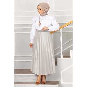 Soft Satin Hijab <b>Skirt</b> with <b>Elastic</b> Waist Pleated Embroidered Mid-Length Breathable Fit Silhouette Digital Printed Stones - Product Image 1