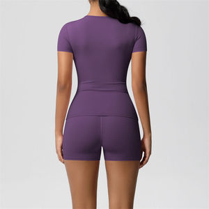 Camisetas de manga corta de Color sólido con sensación desnuda, pantalones cortos a juego, gimnasio, deportes, Yoga, ropa deportiva, conjuntos para correr de dos piezas para mujer - Product Image 3