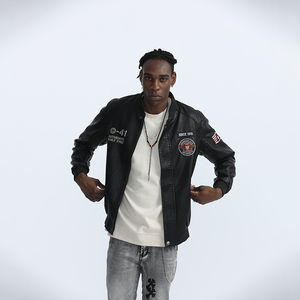 Veste en cuir PU polyvalente pour hommes avec col de baseball et lettres brodées Style délavé Doudoune - Product Image 6