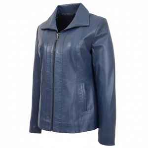 Veste de motard décontractée ajustée en cuir véritable de mouton bleu pour femme avec doublure en coton Vêtement d'extérieur - Product Image 1