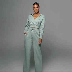 Conjunto de 2 piezas con hombros caídos, pantalones para correr, sudadera con pantalones de chándal, sudaderas con capucha en blanco, conjunto de Jogger de algodón de gran tamaño para mujer - Product Image 1