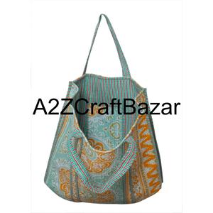 Sac fourre-tout à bandoulière en coton matelassé fait main pour femmes, sac de shopping écologique bohème indien avec imprimé en bloc - Product Image 3